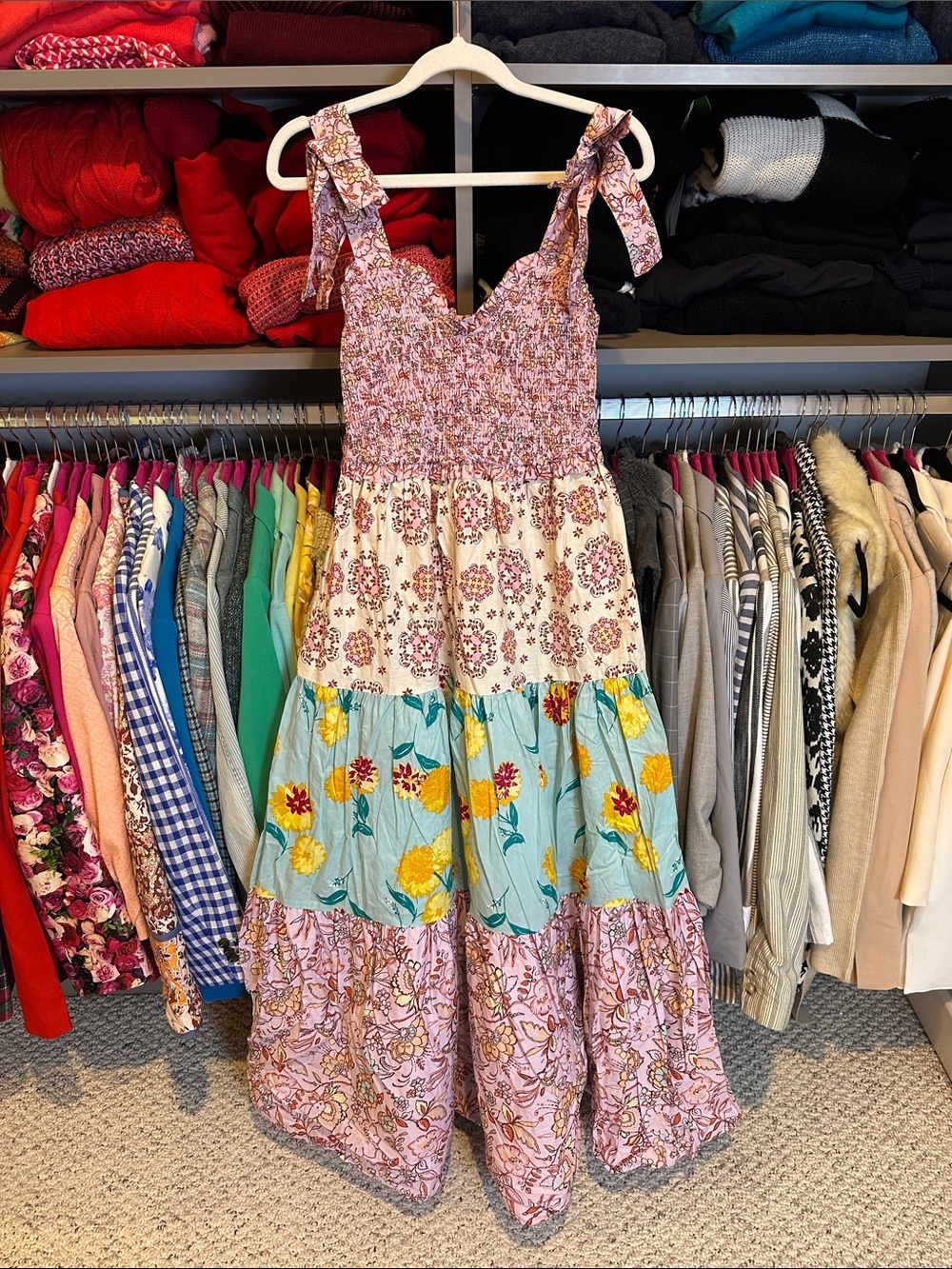 Nanette Lepore pink/blue print sleeveless 2 pocket smocked maxi dress size S NWT